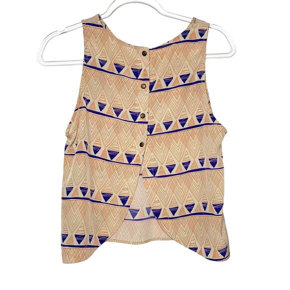 LUSH Aztec Print Cropped Top Scalloped Back Button Down Geometric Tan Blue Sz M - Picture 3 of 8